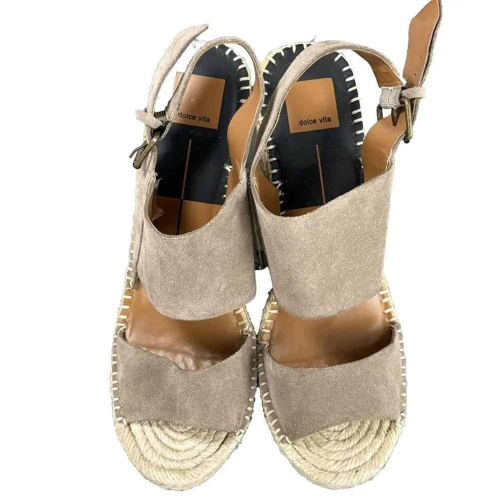 Dolce Vita Sandals Size 9.5 Taupe Espadrille Slingback Wedge Heel Nubuck Leather